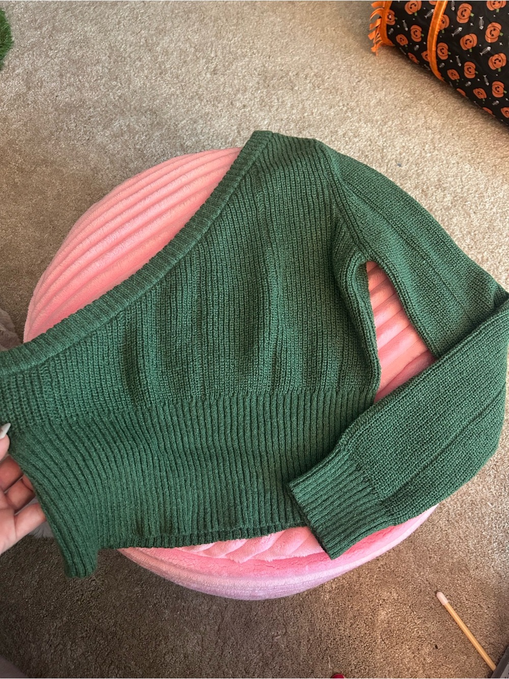 Steve Madden Forest Green Off-the-Shoulder Ribbed Sweater